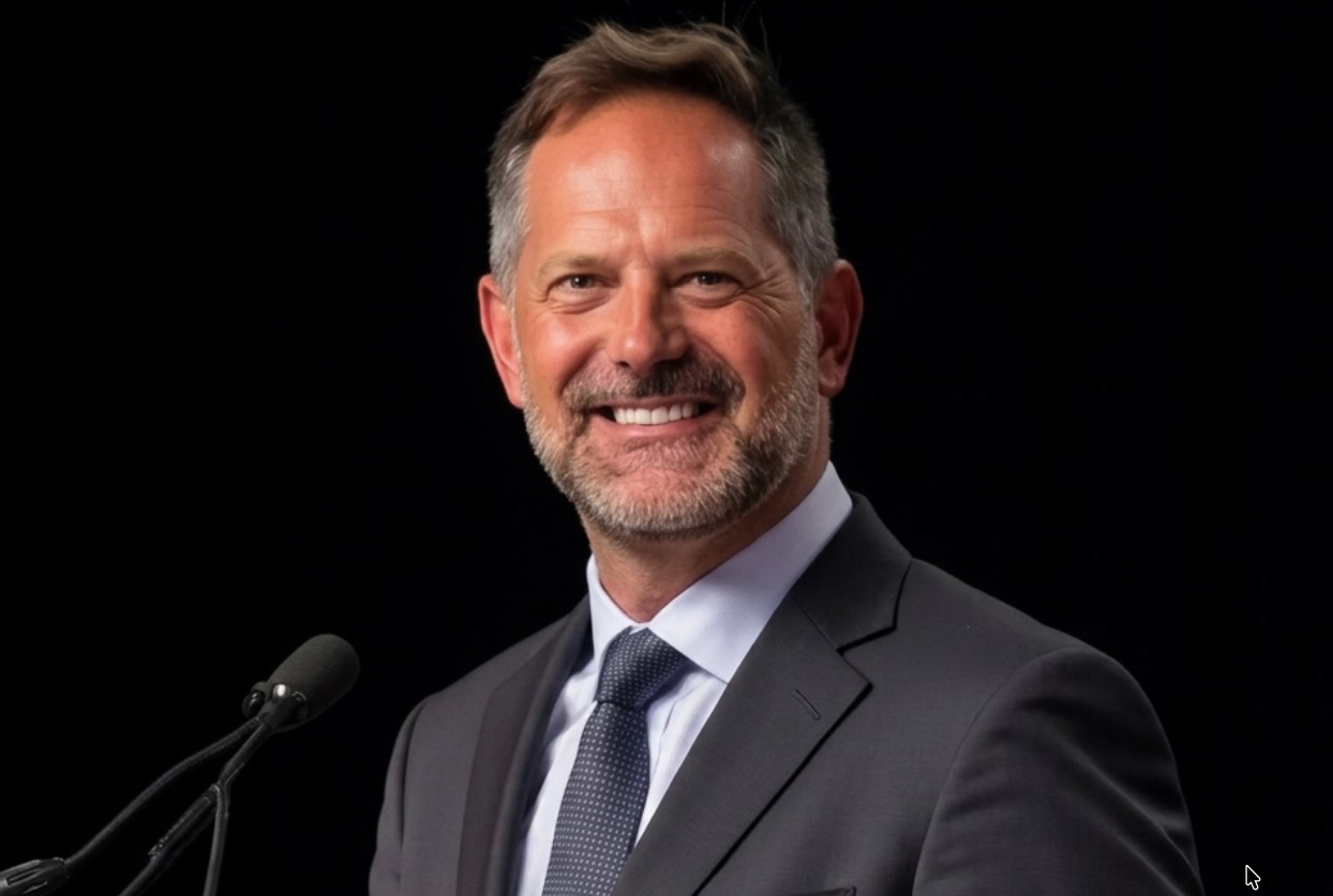 Smiling businessman speaking at formal event